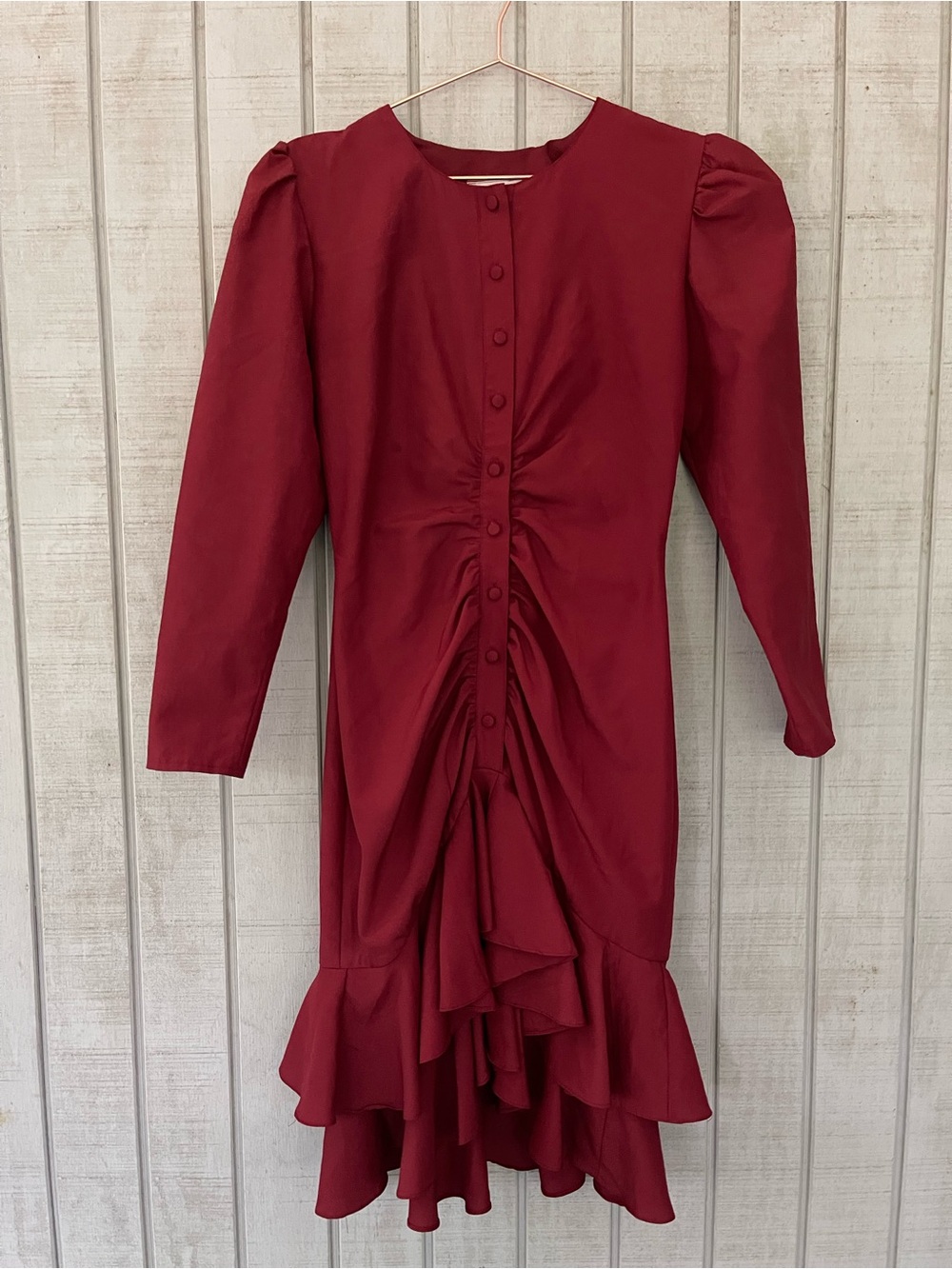 Vintage Jonathan Martin Maroon Ruched Ruffle Dress 5/6 Made USA